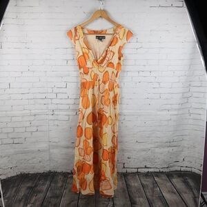 MLLE GABRIELLE ORANGE & YELLOW CAP SLEEVE V NECK COTTON MAXI DRESS SIZE SMALL
